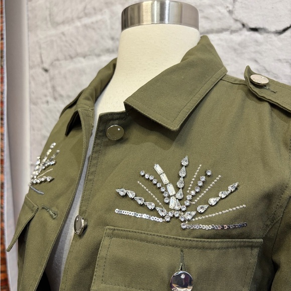 Guess Military Army Green Embellished Gemstone Bling‎ Moto Jacket Cropped Beaded - Picture 10 of 14